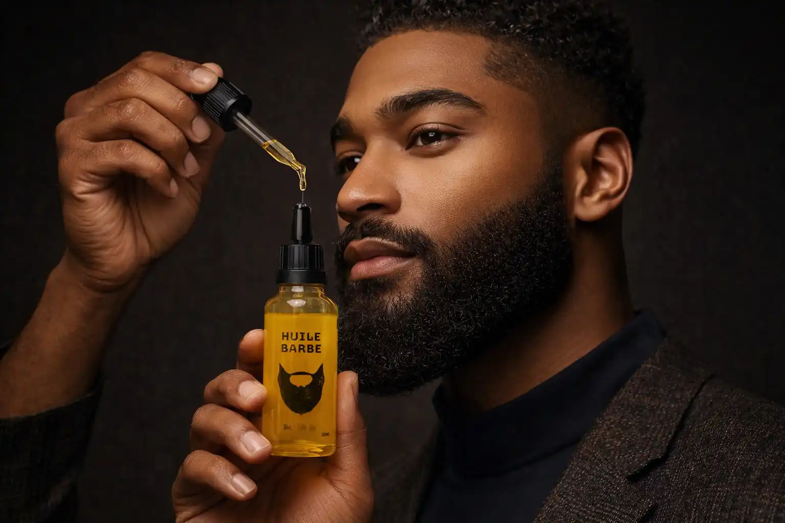 Homme appliquant une huile à barbe Yodi-K