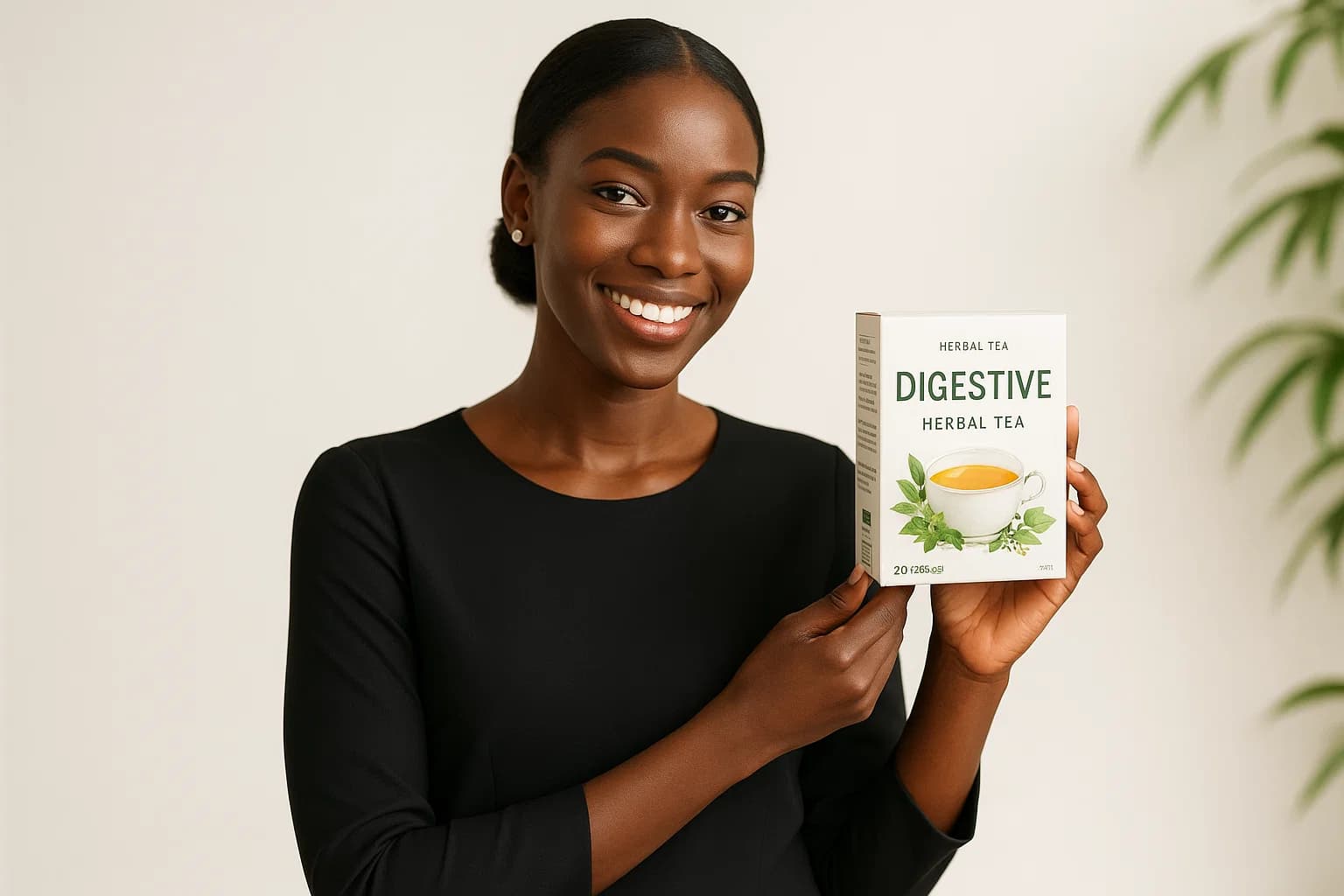 Femme tenant une boîte de tisane digestive Yodi-K