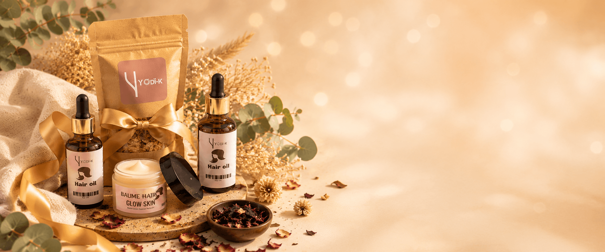 Coffret Yodi-K avec ruban doré et eucalyptus