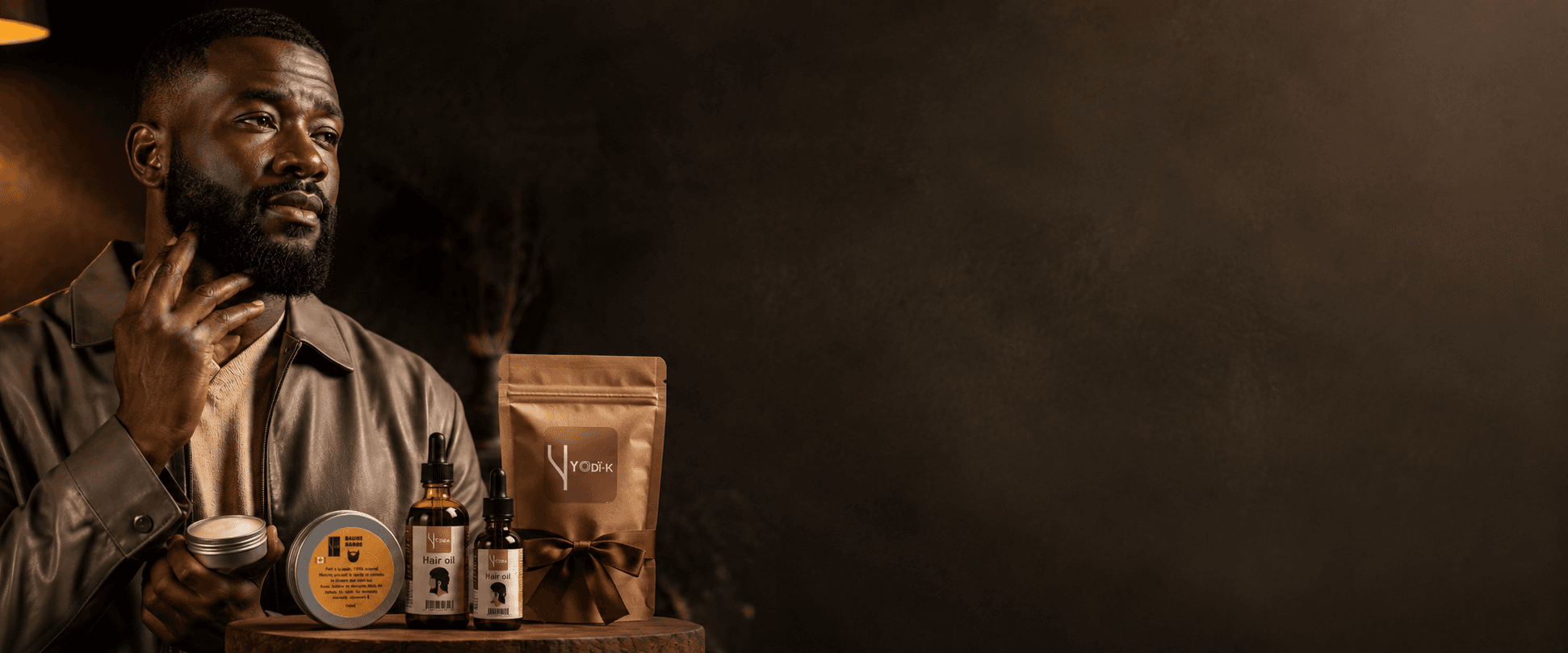 Homme africain élégant avec barbe soignée et produits Yodi-K